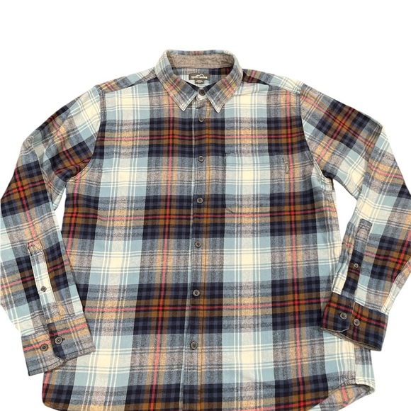 Eddie Men’s Bauer Blue and White Flannel Casual Button Down Shirt - Picture 1 of 5